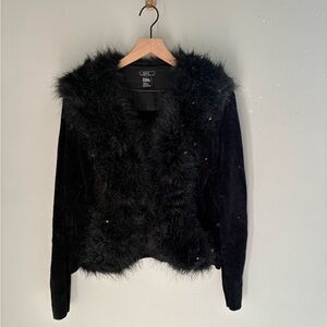 Vintage Y2K‎ Faux Fur Statement Collar Black Cardigan Sweater Size Large